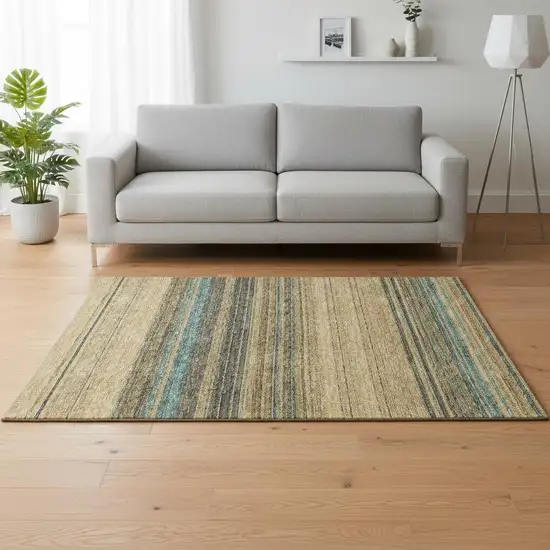Wheat Teal And Brown Striped Washable Area Rug With UV Protection Photo 2