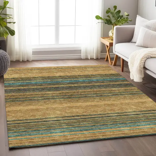 Wheat Teal And Brown Striped Washable Area Rug With UV Protection Photo 4
