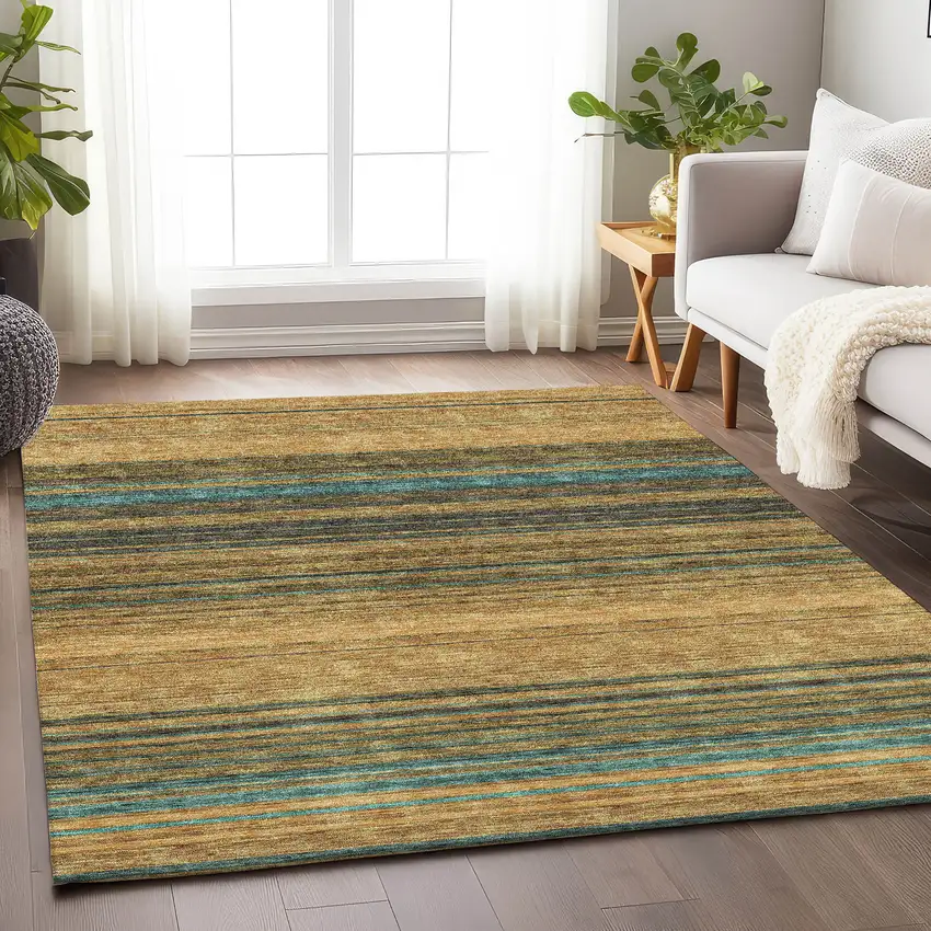 Wheat Teal And Brown Striped Washable Area Rug With UV Protection Photo 4