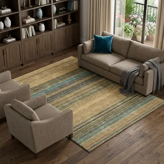 Wheat Teal And Brown Striped Washable Area Rug With UV Protection Photo 1