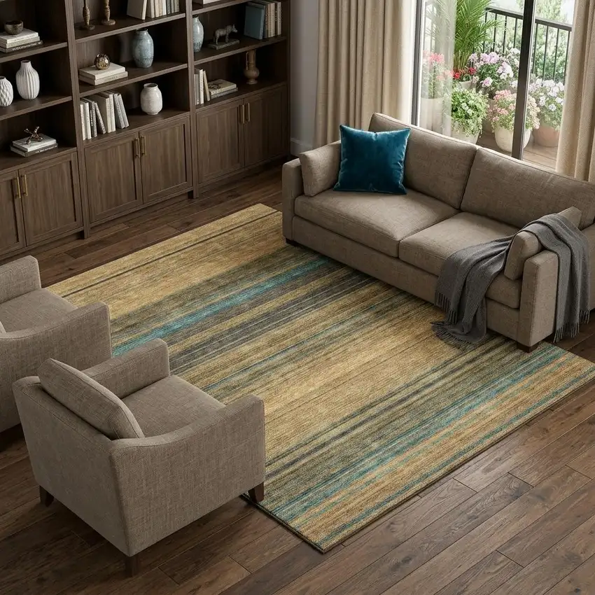 Wheat Teal And Brown Striped Washable Area Rug With UV Protection Photo 1