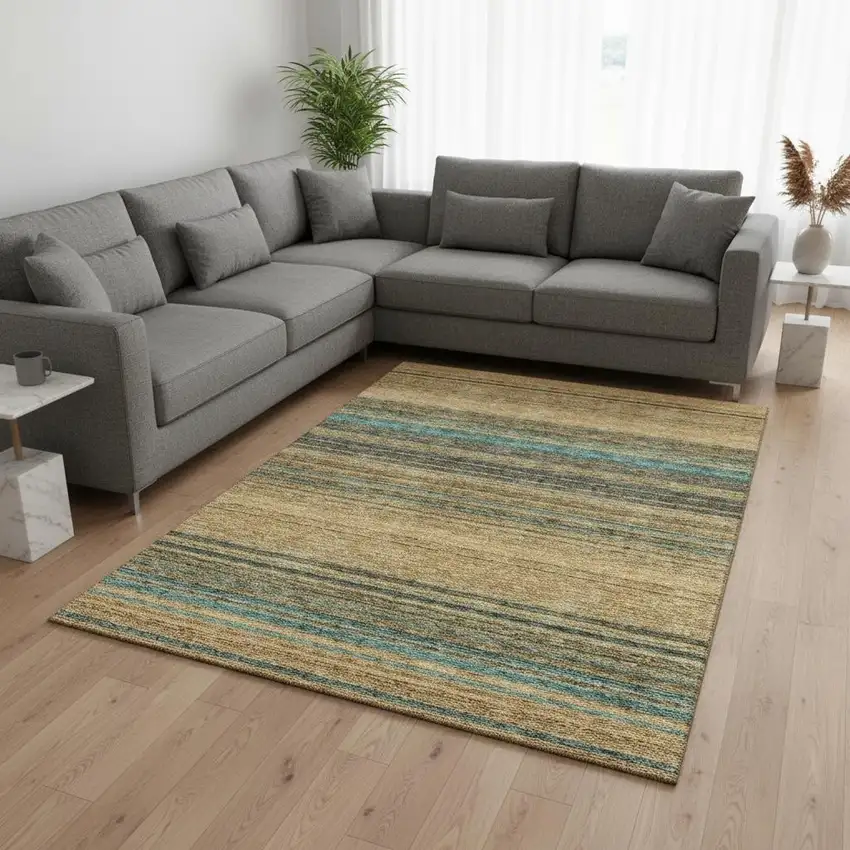 Wheat Teal And Brown Striped Washable Area Rug With UV Protection Photo 2