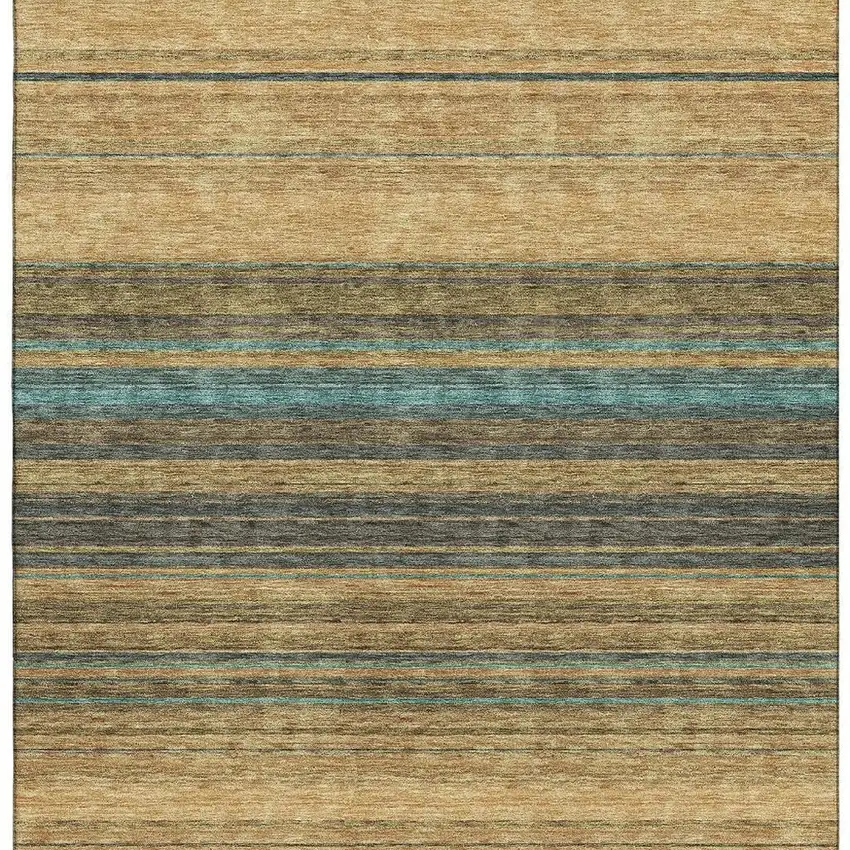 Wheat Teal And Brown Striped Washable Area Rug With UV Protection Photo 3