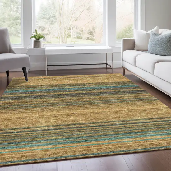 Wheat Teal And Brown Striped Washable Area Rug With UV Protection Photo 5