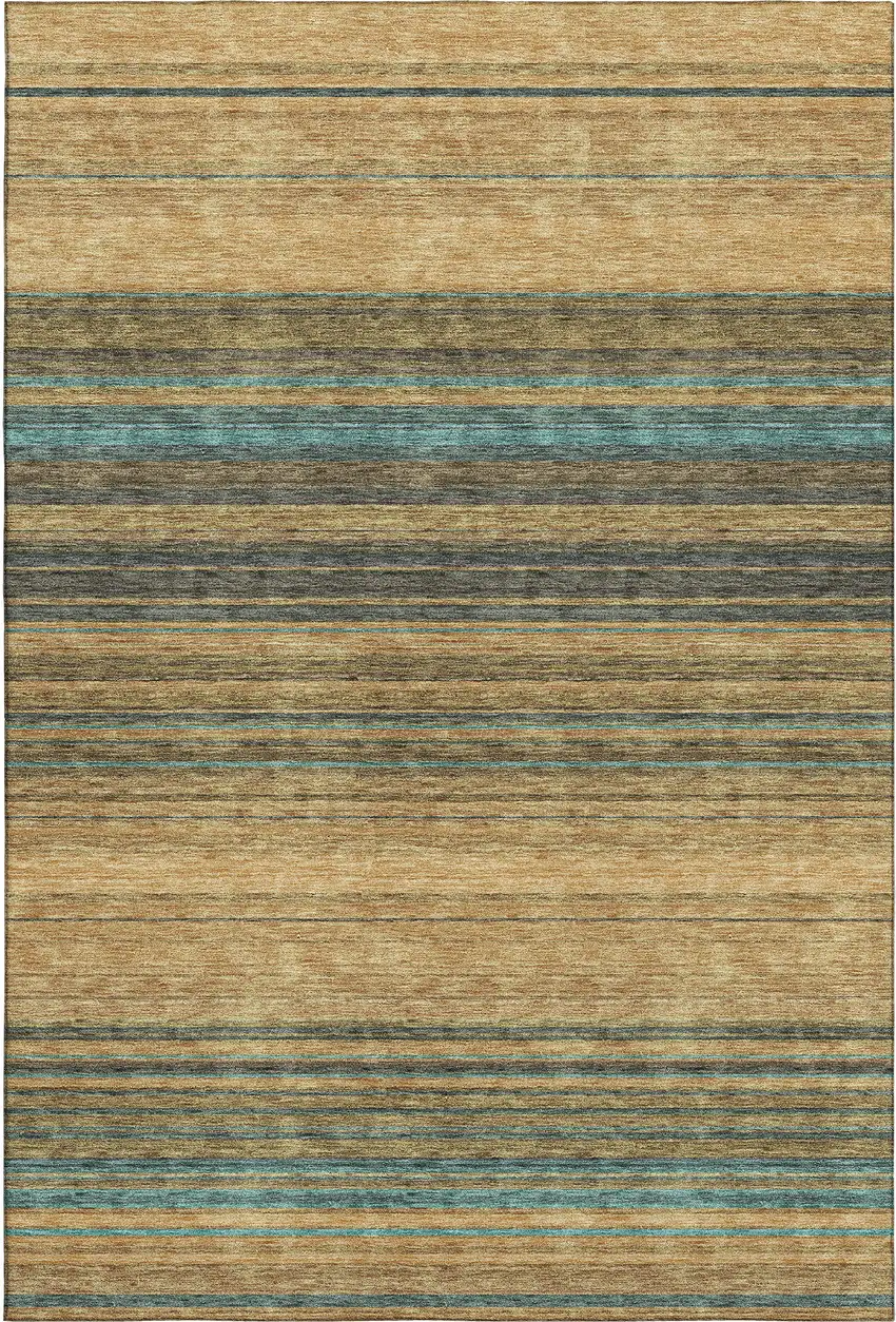 Wheat Teal And Brown Striped Washable Area Rug With UV Protection Photo 1