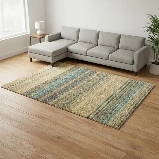 Wheat Teal And Brown Striped Washable Area Rug With UV Protection Photo 2