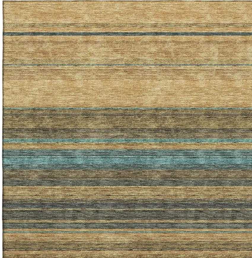 Wheat Teal And Brown Striped Washable Area Rug With UV Protection Photo 2
