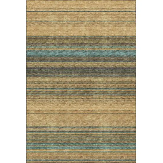 Wheat Teal And Brown Striped Washable Area Rug With UV Protection Photo 2