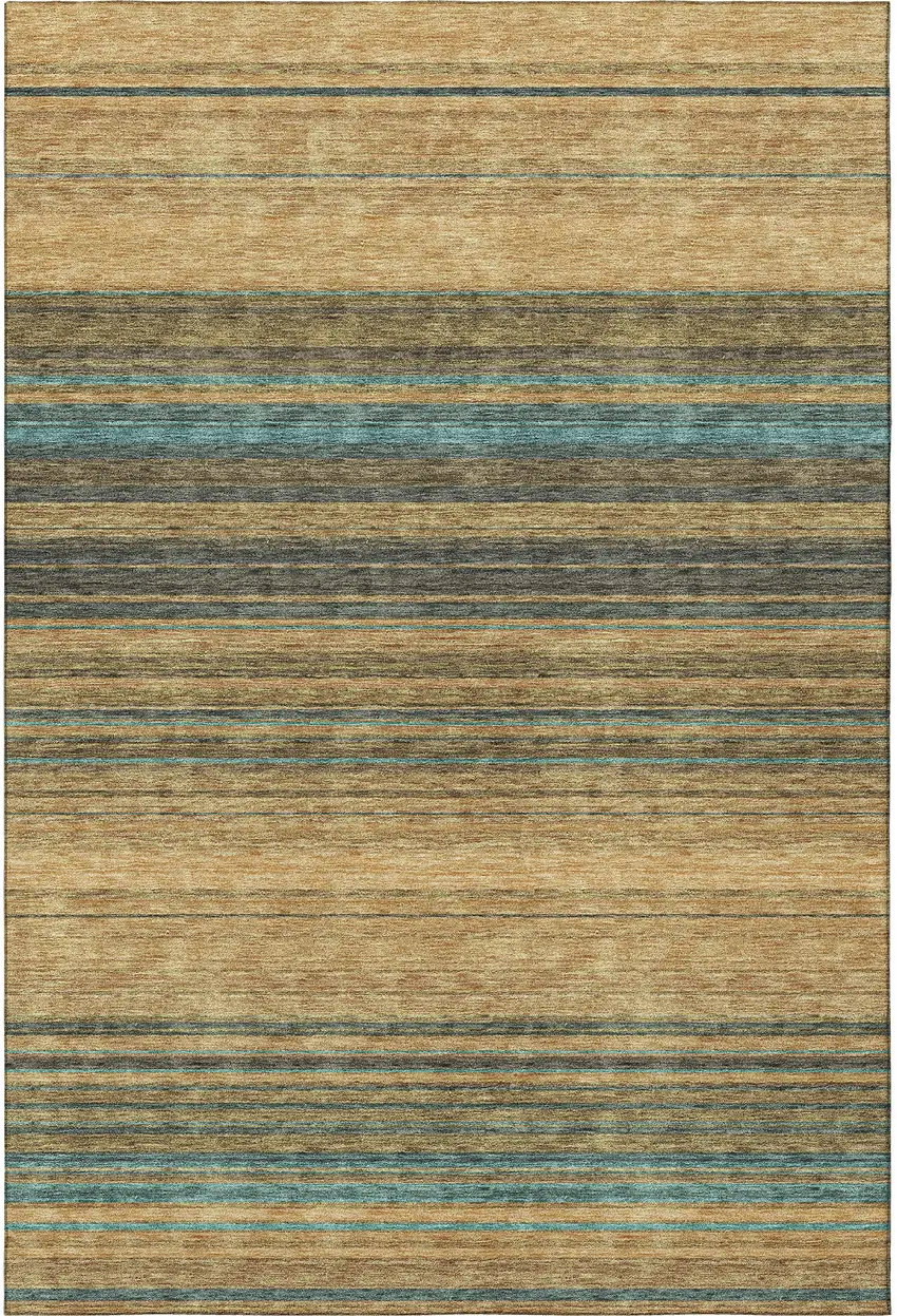Wheat Teal And Brown Striped Washable Area Rug With UV Protection Photo 2
