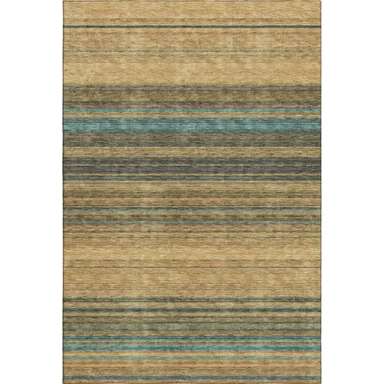 Wheat Teal And Brown Striped Washable Area Rug With UV Protection Photo 1
