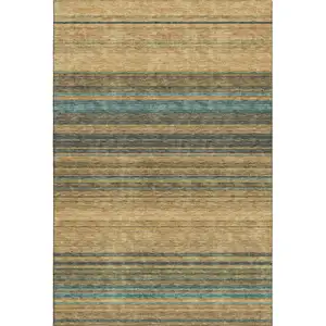 Photo of Wheat Teal And Brown Striped Washable Area Rug With UV Protection