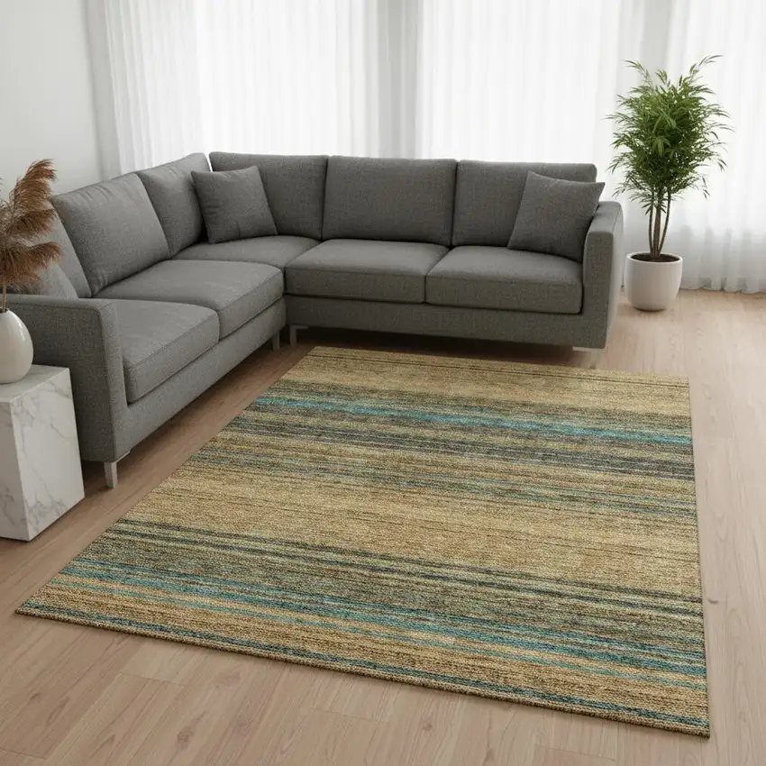 Wheat Teal And Brown Striped Washable Area Rug With UV Protection Photo 2