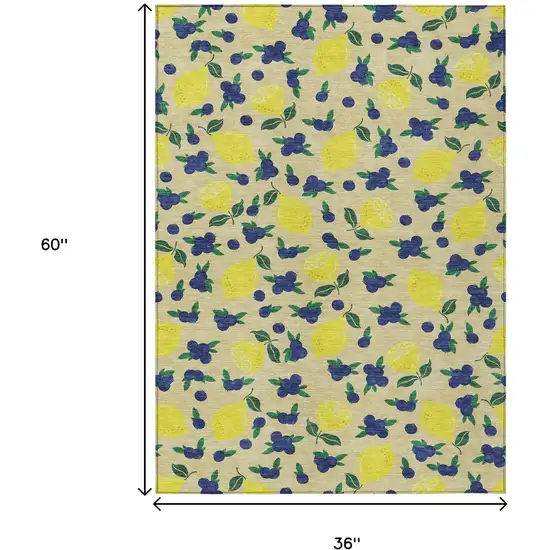 Wheat Yellow And Blue Lemons Washable Indoor Outdoor Area Rug Photo 3