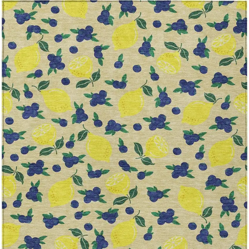 Wheat Yellow And Blue Lemons Washable Indoor Outdoor Area Rug Photo 8