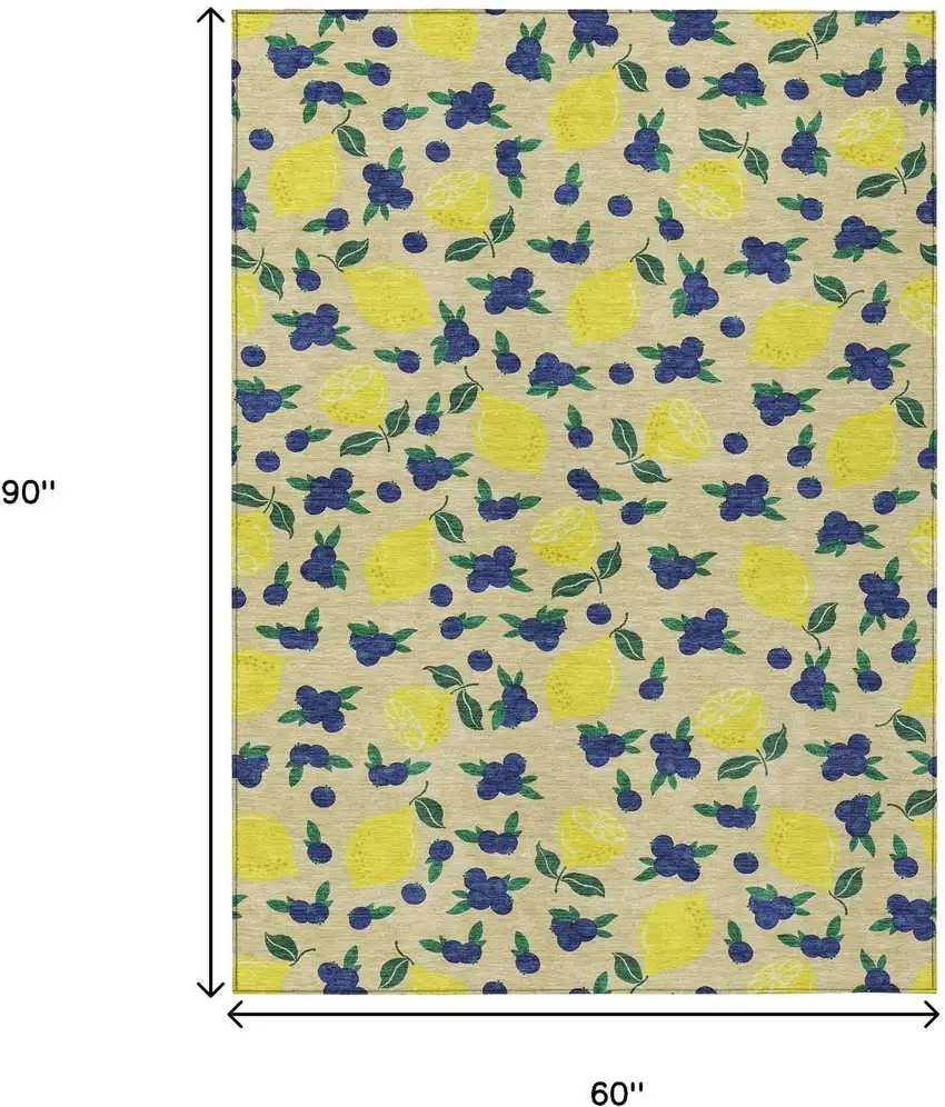 Wheat Yellow And Blue Lemons Washable Indoor Outdoor Area Rug Photo 3