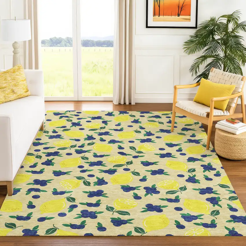 Wheat Yellow And Blue Lemons Washable Indoor Outdoor Area Rug Photo 9