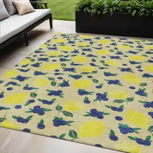 Photo of Wheat Yellow And Blue Lemons Washable Indoor Outdoor Area Rug