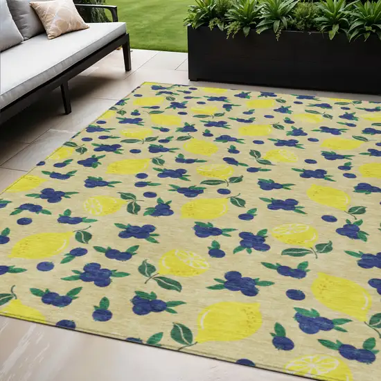 Wheat Yellow And Blue Lemons Washable Indoor Outdoor Area Rug Photo 1