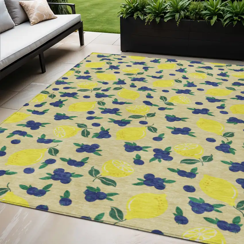 Wheat Yellow And Blue Lemons Washable Indoor Outdoor Area Rug Photo 1