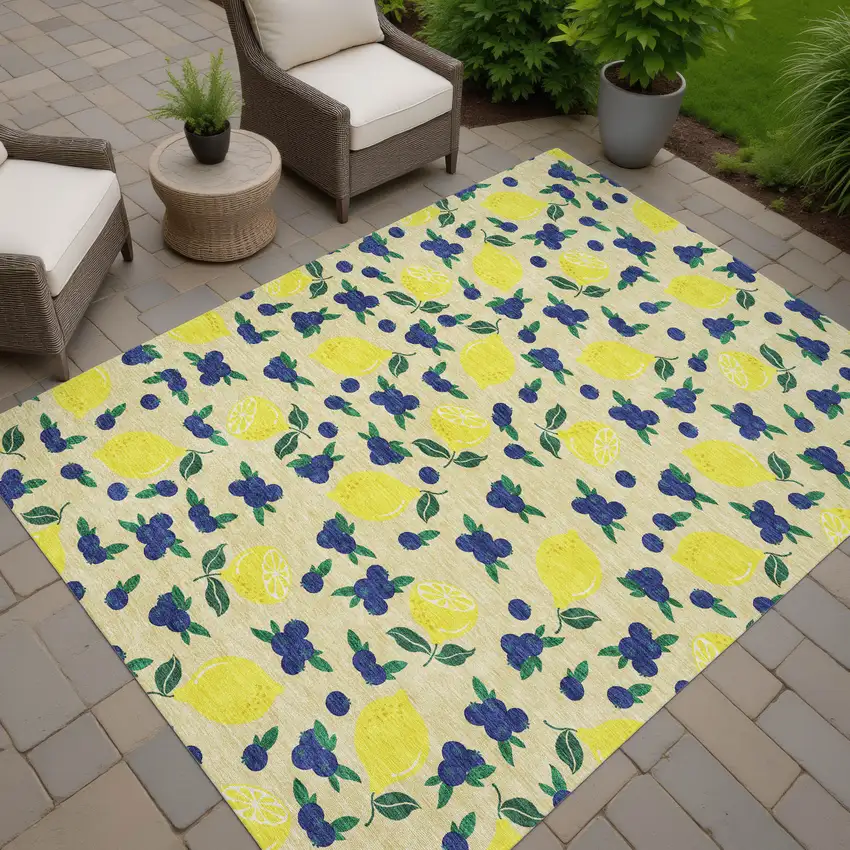 Wheat Yellow And Blue Lemons Washable Indoor Outdoor Area Rug Photo 7