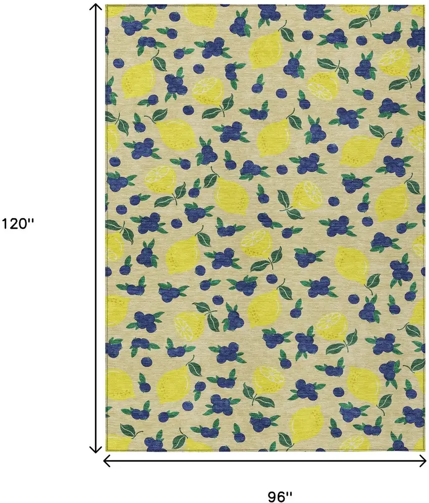 Wheat Yellow And Blue Lemons Washable Indoor Outdoor Area Rug Photo 3