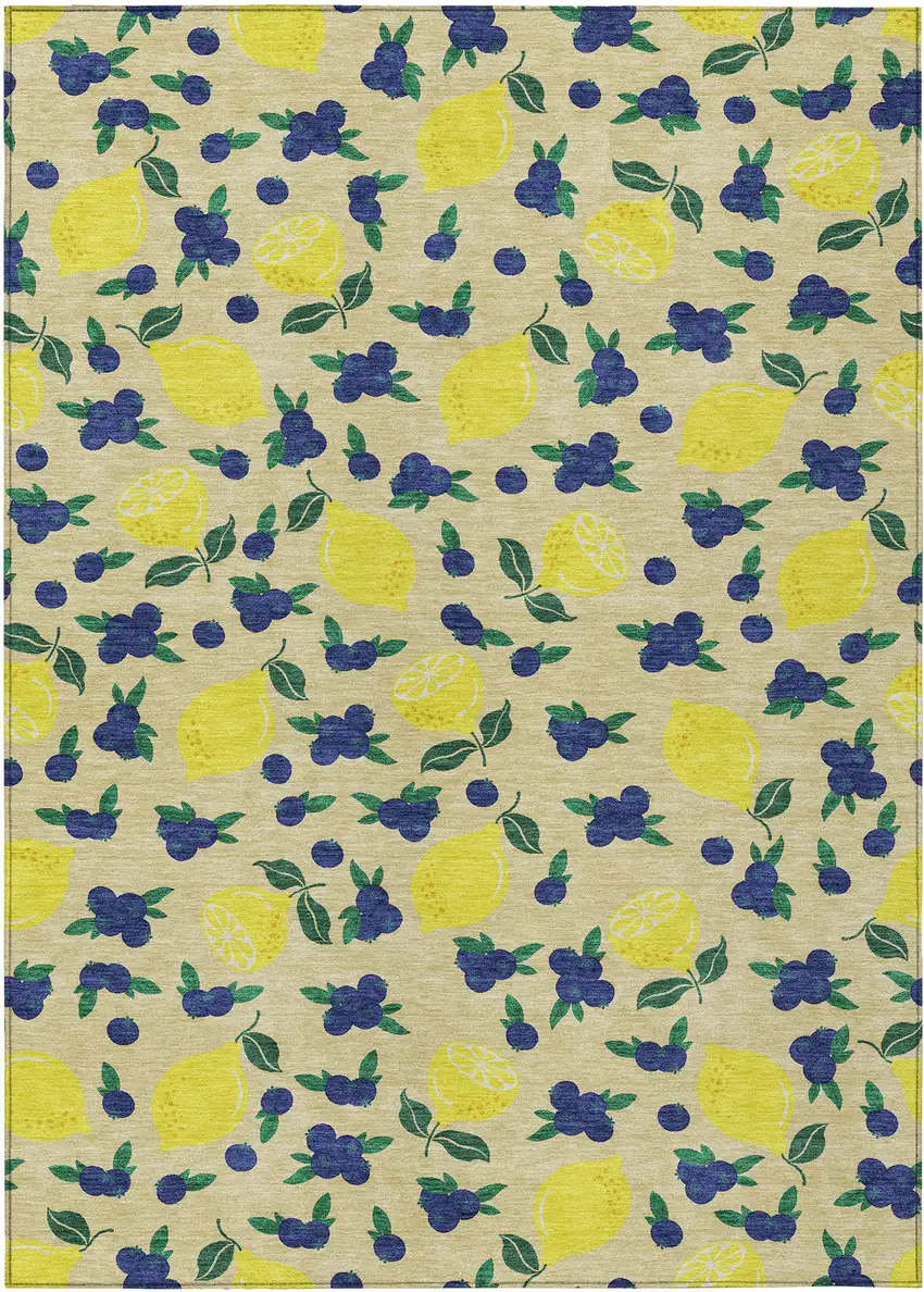 Wheat Yellow And Blue Lemons Washable Indoor Outdoor Area Rug Photo 2