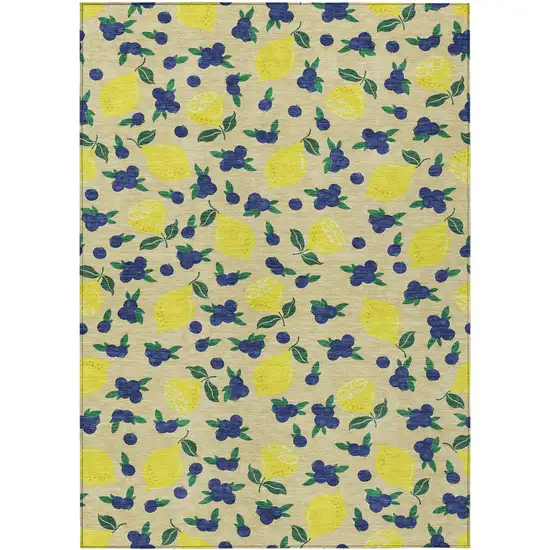Wheat Yellow And Blue Lemons Washable Indoor Outdoor Area Rug Photo 2