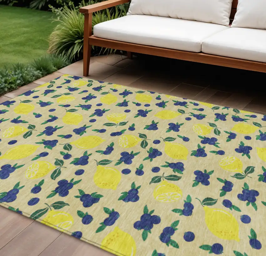 Wheat Yellow And Blue Lemons Washable Indoor Outdoor Area Rug Photo 1