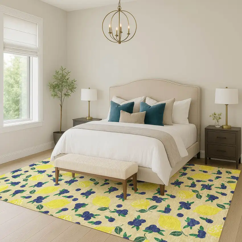 Wheat Yellow And Blue Lemons Washable Indoor Outdoor Area Rug Photo 8