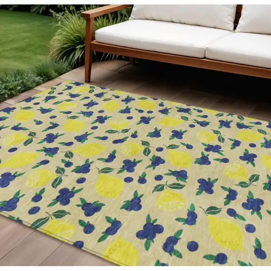 Wheat Yellow And Blue Lemons Washable Indoor Outdoor Area Rug Photo 1