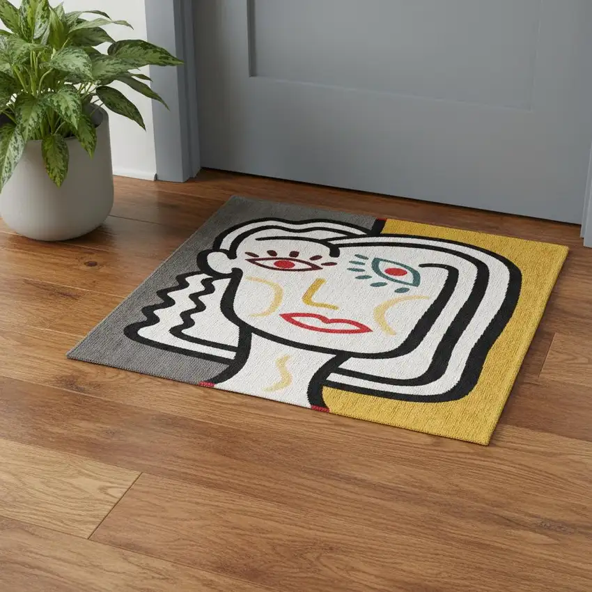 White Abstract Washable Area Rug Photo 1