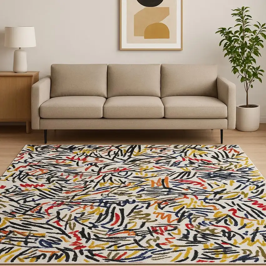 White Abstract Washable Area Rug Photo 1
