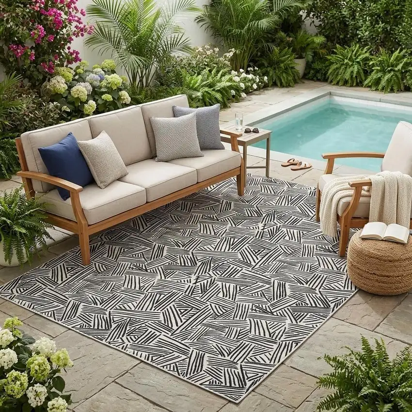 White And Beige Geometric Washable Indoor Outdoor Area Rug Photo 1