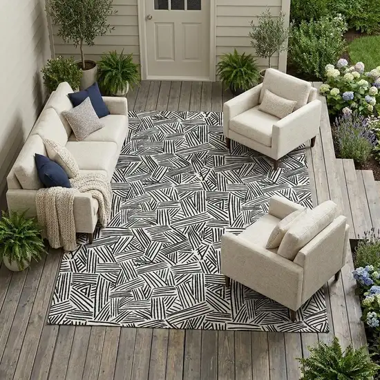 White And Beige Geometric Washable Indoor Outdoor Area Rug Photo 1