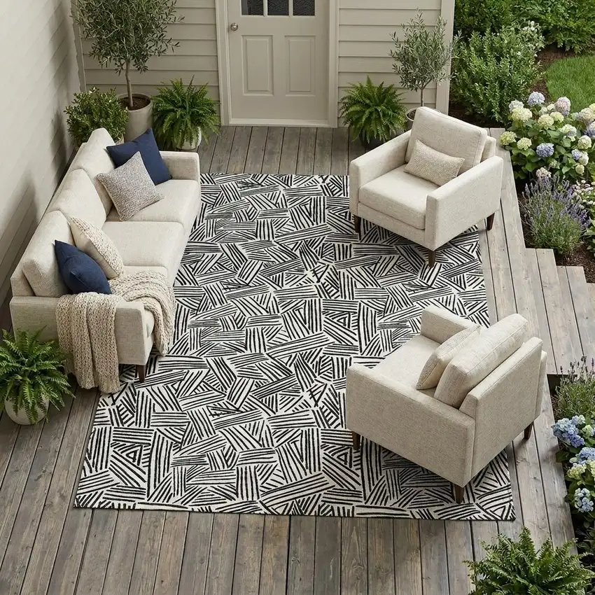 White And Beige Geometric Washable Indoor Outdoor Area Rug Photo 1