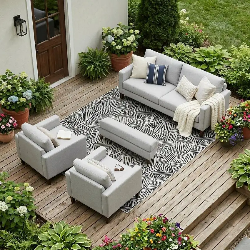 White And Beige Geometric Washable Indoor Outdoor Area Rug Photo 1