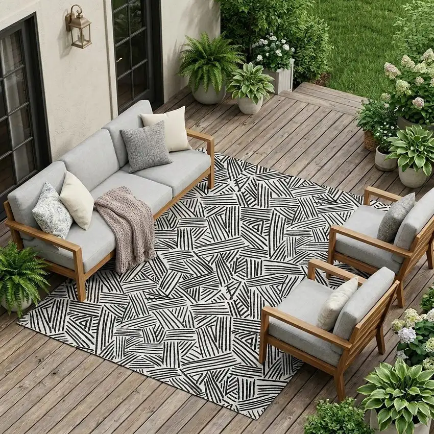 White And Beige Geometric Washable Indoor Outdoor Area Rug Photo 1