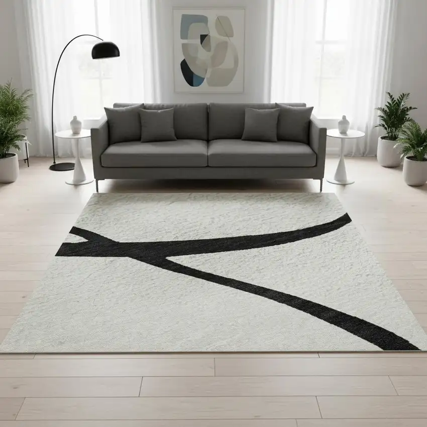 White And Black Abstract Washable Area Rug With UV Protection Photo 2