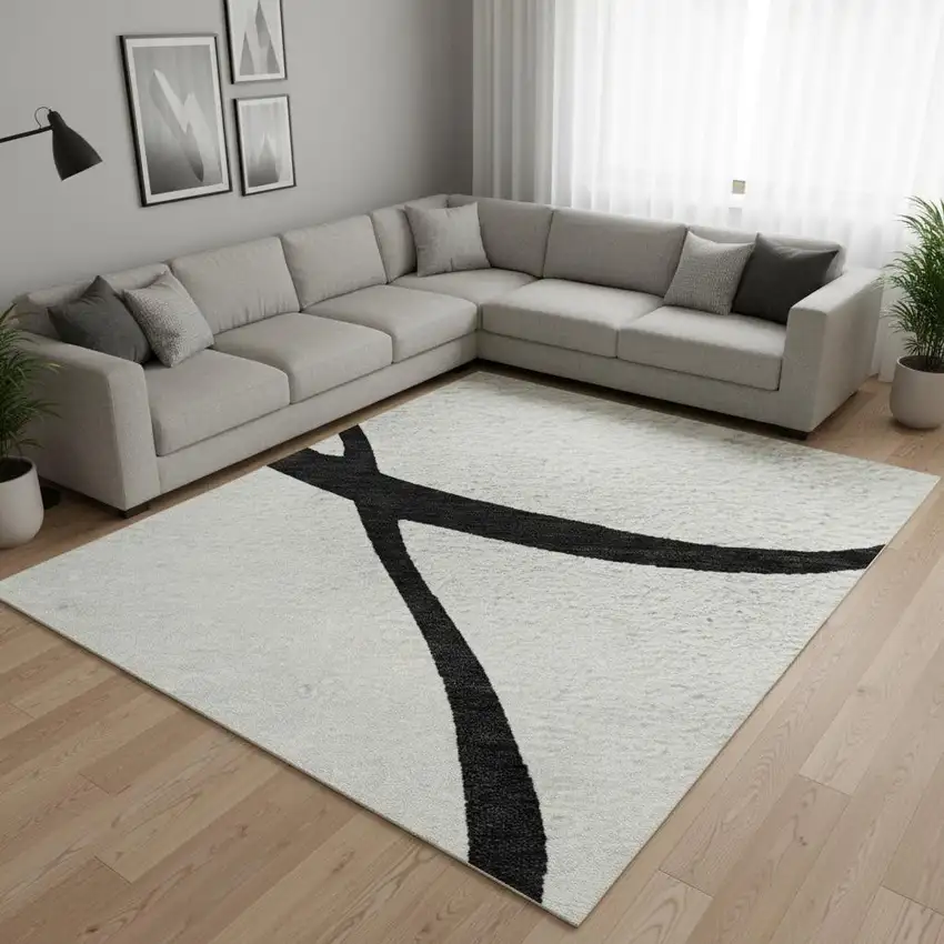 White And Black Abstract Washable Area Rug With UV Protection Photo 2