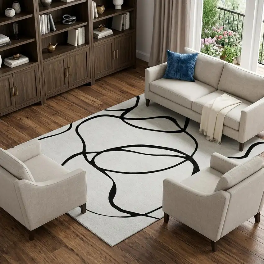 White And Black Abstract Washable Area Rug With UV Protection Photo 1