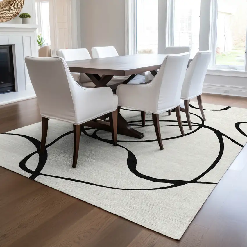 White And Black Abstract Washable Indoor Outdoor Area Rug Photo 9