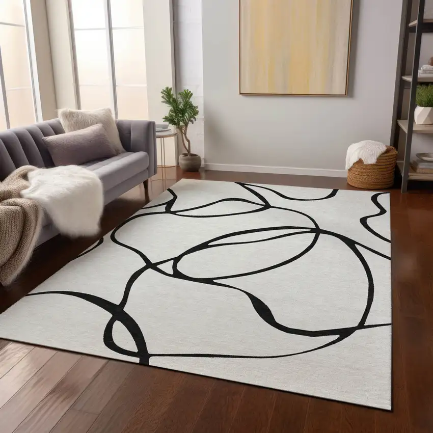White And Black Abstract Washable Indoor Outdoor Area Rug Photo 9
