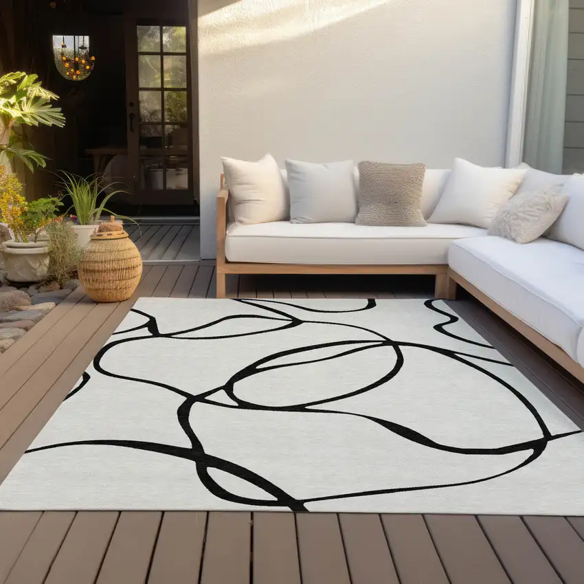 White And Black Abstract Washable Indoor Outdoor Area Rug Photo 8