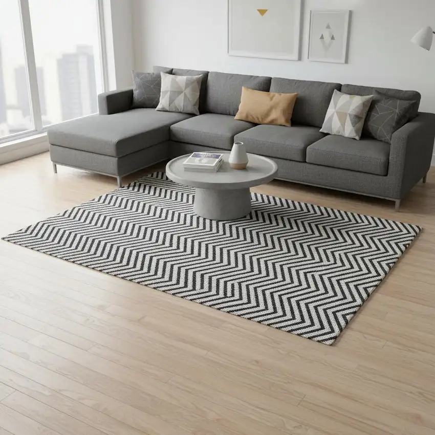 White And Black Chevron Washable Area Rug With UV Protection Photo 2