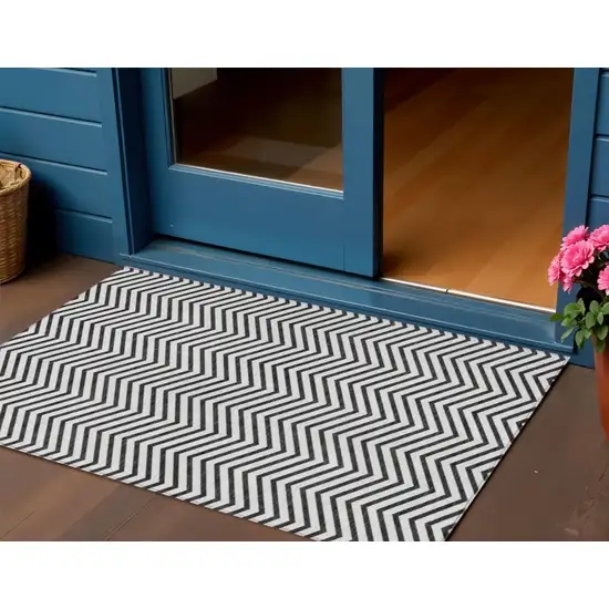 White And Black Chevron Washable Indoor Outdoor Area Rug Photo 1