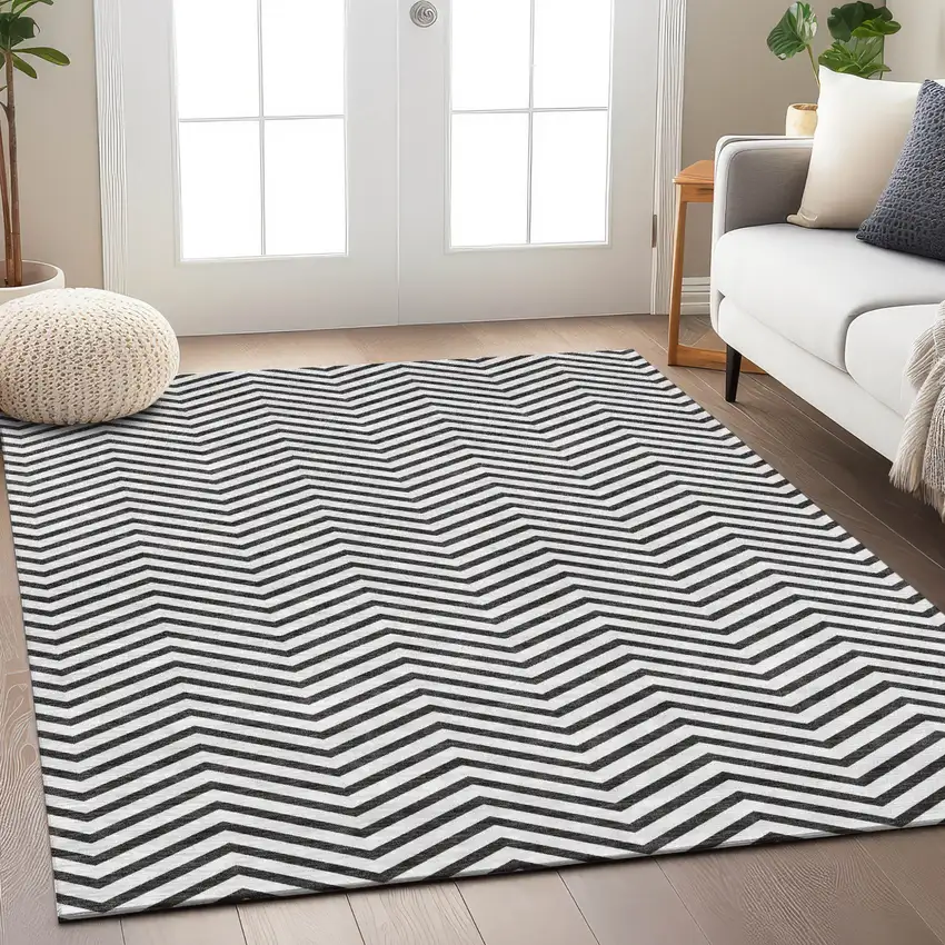 White And Black Chevron Washable Indoor Outdoor Area Rug Photo 9