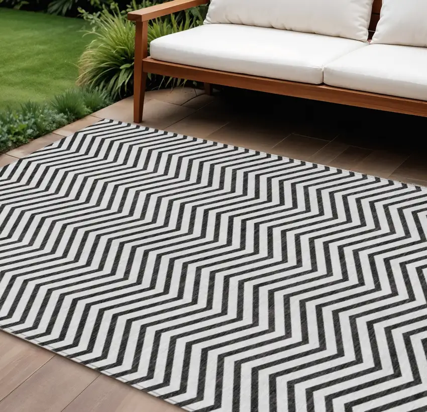 White And Black Chevron Washable Indoor Outdoor Area Rug Photo 1