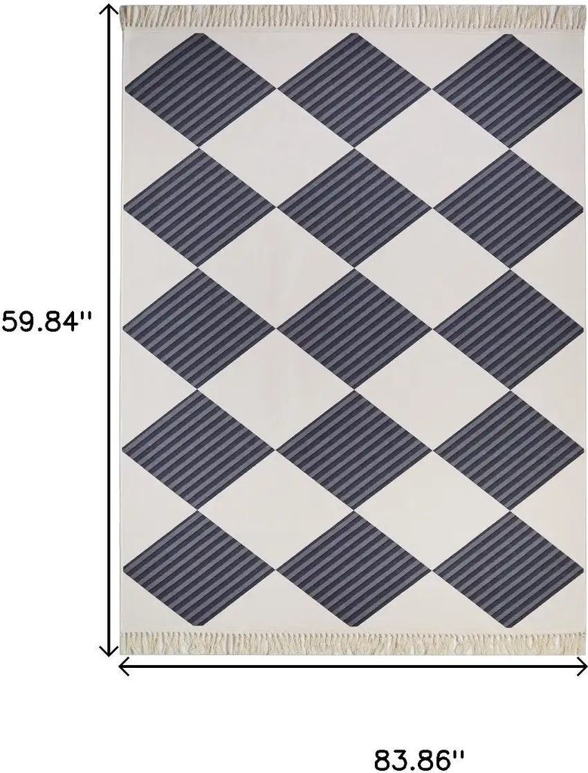 White And Black Diamond Area Rug With Fringe Photo 3
