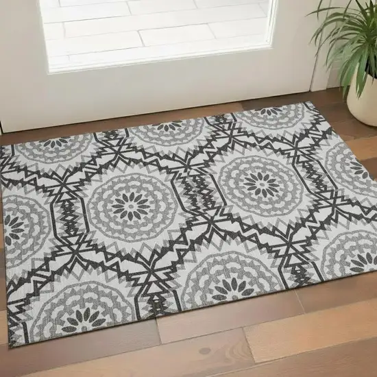 White And Black Geometric Washable Area Rug With UV Protection Photo 1