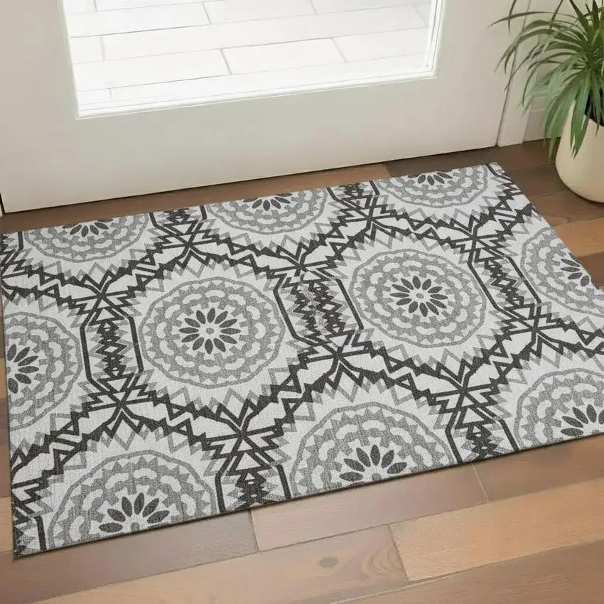 White And Black Geometric Washable Area Rug With UV Protection Photo 1